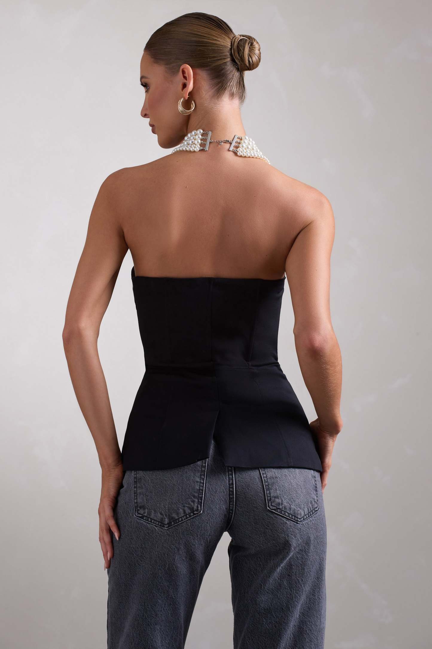 Illusive Black Satin-Blend Strapless Panelled Corset Top-Fashionmomo.All Rights Reserved