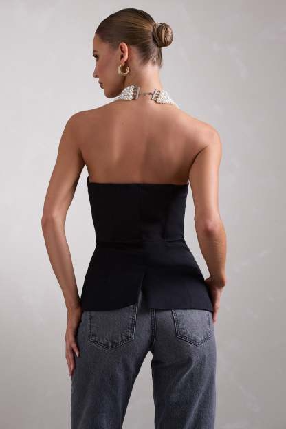 Illusive Black Satin-Blend Strapless Panelled Corset Top-Fashionmomo.All Rights Reserved