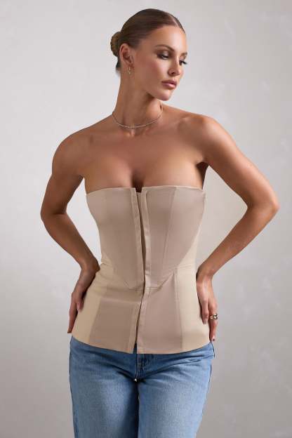 Illusive Stone Satin-Blend Strapless Panelled Corset Top-Fashionmomo.All Rights Reserved