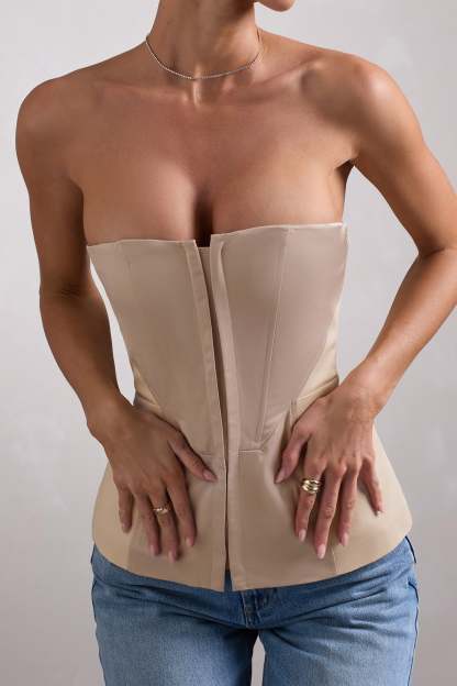 Illusive Stone Satin-Blend Strapless Panelled Corset Top-Fashionmomo.All Rights Reserved