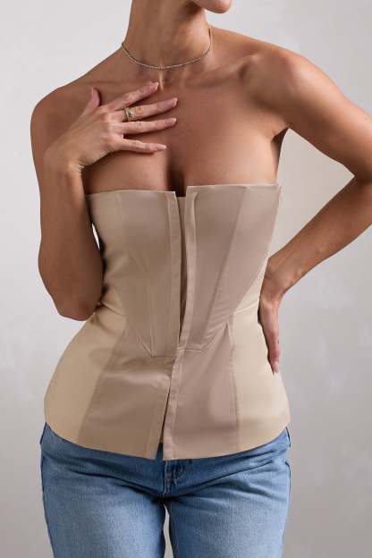 Illusive Stone Satin-Blend Strapless Panelled Corset Top-Fashionmomo.All Rights Reserved