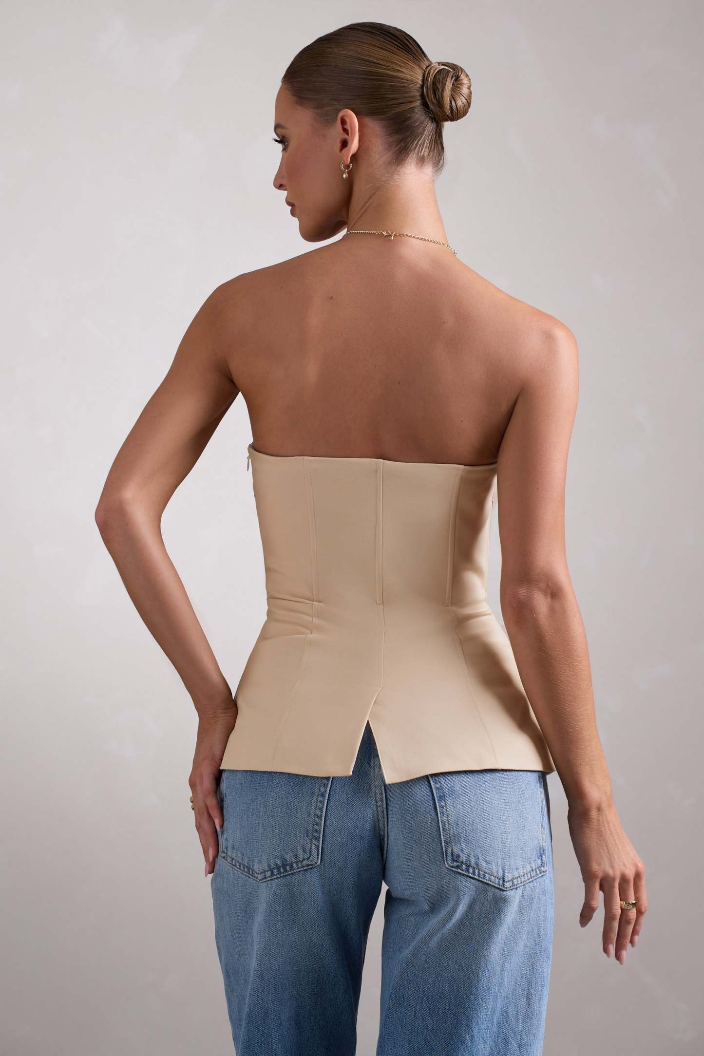 Illusive Stone Satin-Blend Strapless Panelled Corset Top-Fashionmomo.All Rights Reserved