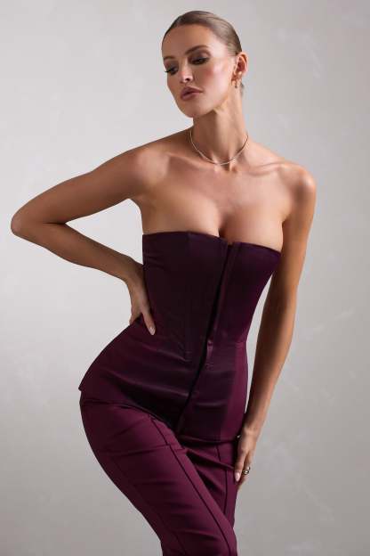 Illusive Burgundy Satin-Blend Strapless Panelled Corset Top-Fashionmomo.All Rights Reserved
