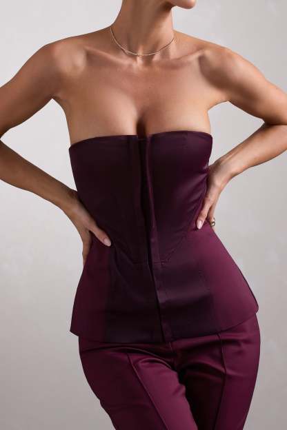 Illusive Burgundy Satin-Blend Strapless Panelled Corset Top-Fashionmomo.All Rights Reserved