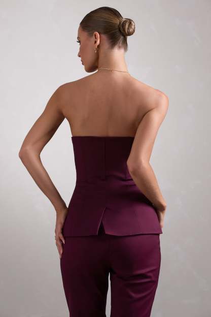 Illusive Burgundy Satin-Blend Strapless Panelled Corset Top-Fashionmomo.All Rights Reserved