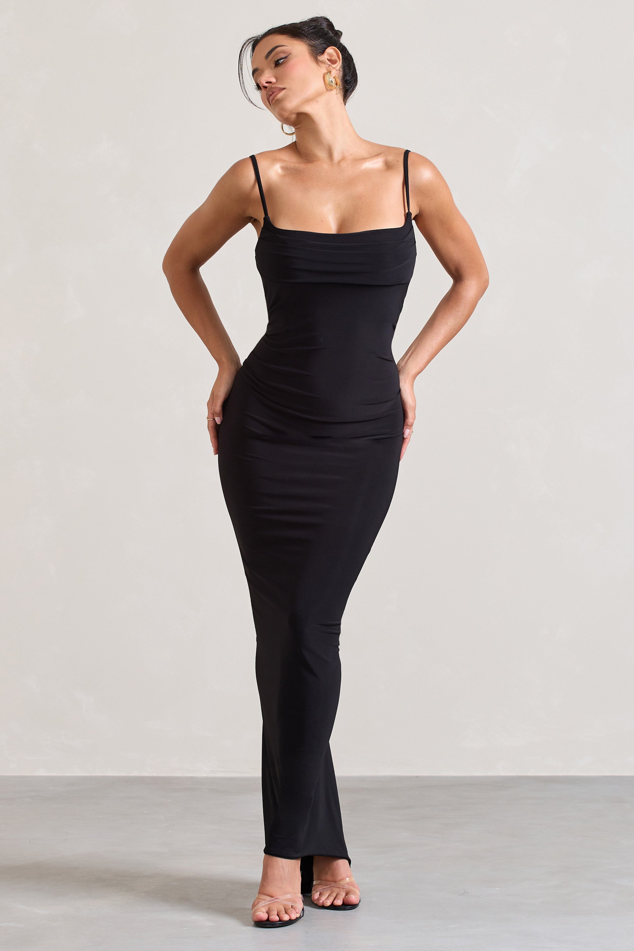 Camera One Black Strappy Laced Bodycon Maxi Dress-Fashionmomo.All Rights Reserved