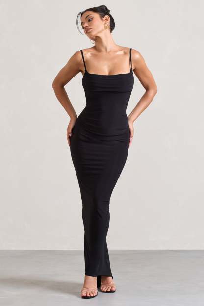 Camera One Black Strappy Laced Bodycon Maxi Dress-Fashionmomo.All Rights Reserved