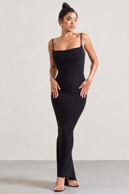 Camera One Black Strappy Laced Bodycon Maxi Dress-Fashionmomo.All Rights Reserved