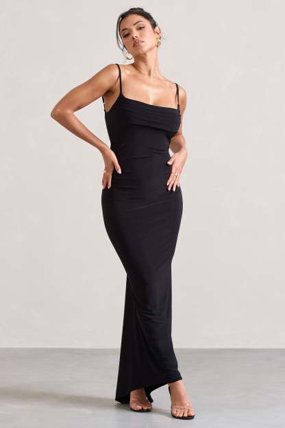 Camera One Black Strappy Laced Bodycon Maxi Dress-Fashionmomo.All Rights Reserved