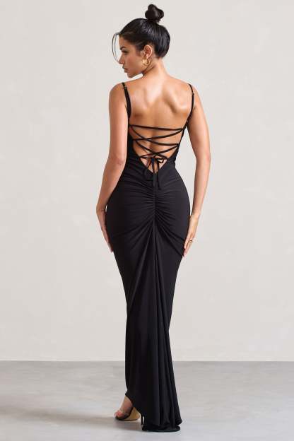 Camera One Black Strappy Laced Bodycon Maxi Dress-Fashionmomo.All Rights Reserved