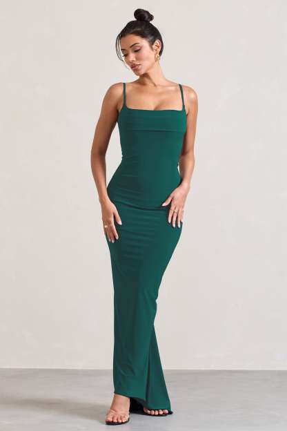 Camera One Bottle Green Strappy Laced Bodycon Maxi Dress-Fashionmomo.All Rights Reserved
