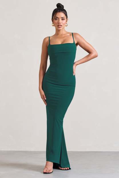 Camera One Bottle Green Strappy Laced Bodycon Maxi Dress-Fashionmomo.All Rights Reserved