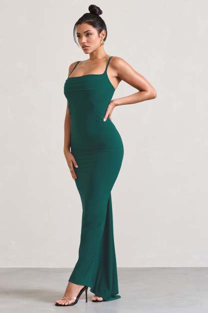 Camera One Bottle Green Strappy Laced Bodycon Maxi Dress-Fashionmomo.All Rights Reserved