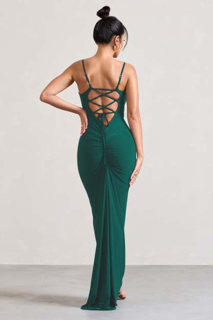 Camera One Bottle Green Strappy Laced Bodycon Maxi Dress-Fashionmomo.All Rights Reserved