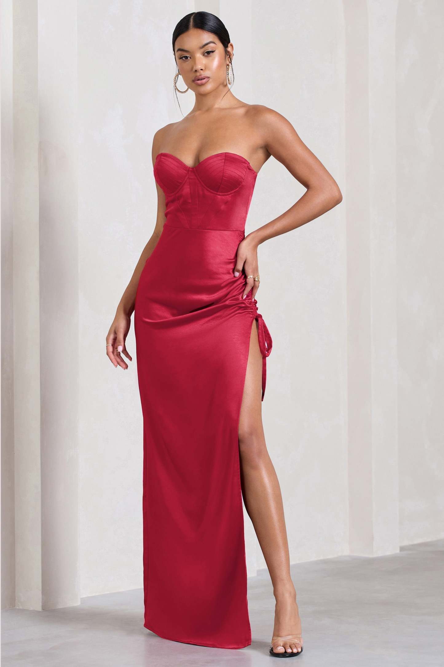 Expose Red Satin Sweetheart Corset Asymmetric Maxi Dress-Fashionmomo.All Rights Reserved