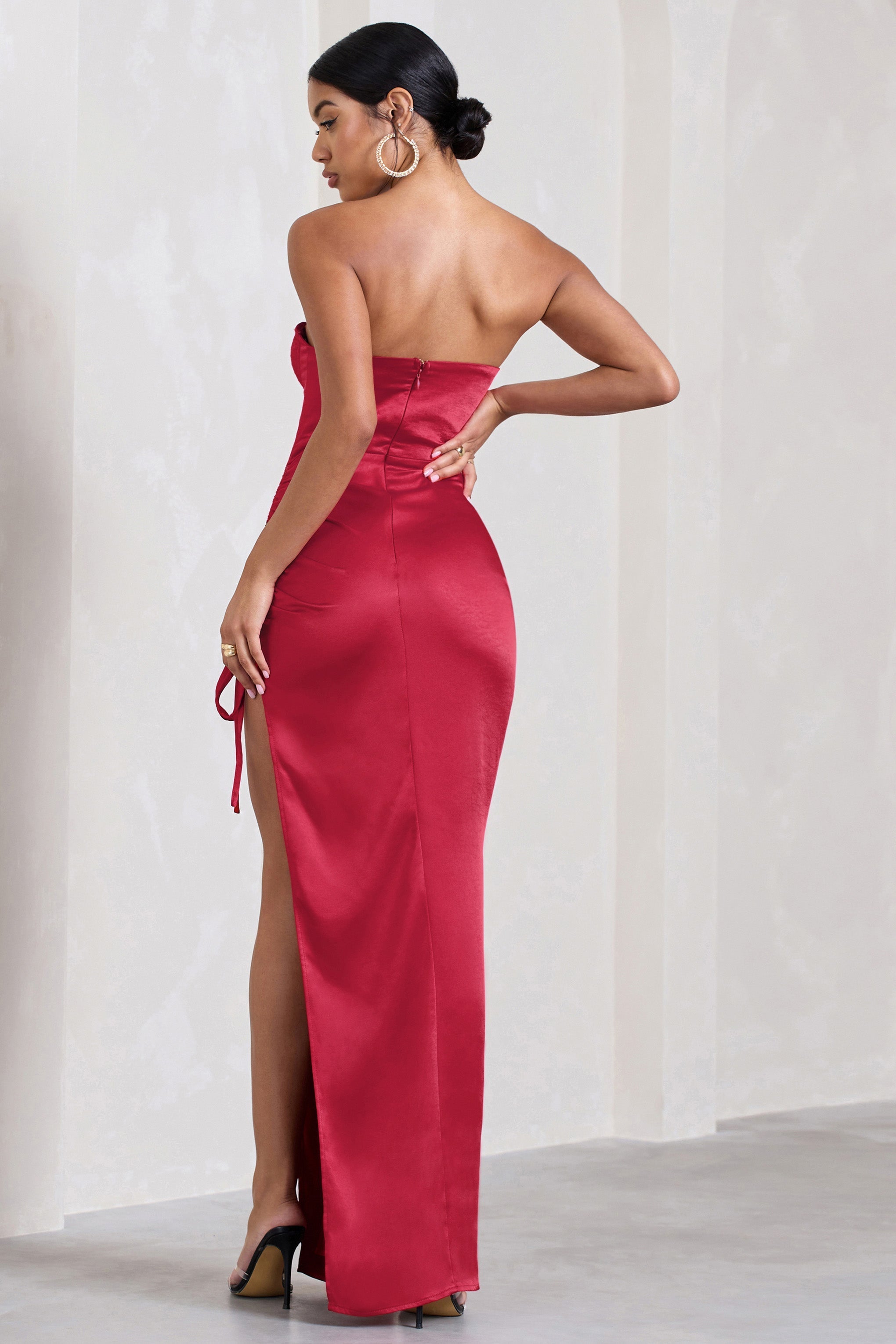 Expose Red Satin Sweetheart Corset Asymmetric Maxi Dress-Fashionmomo.All Rights Reserved