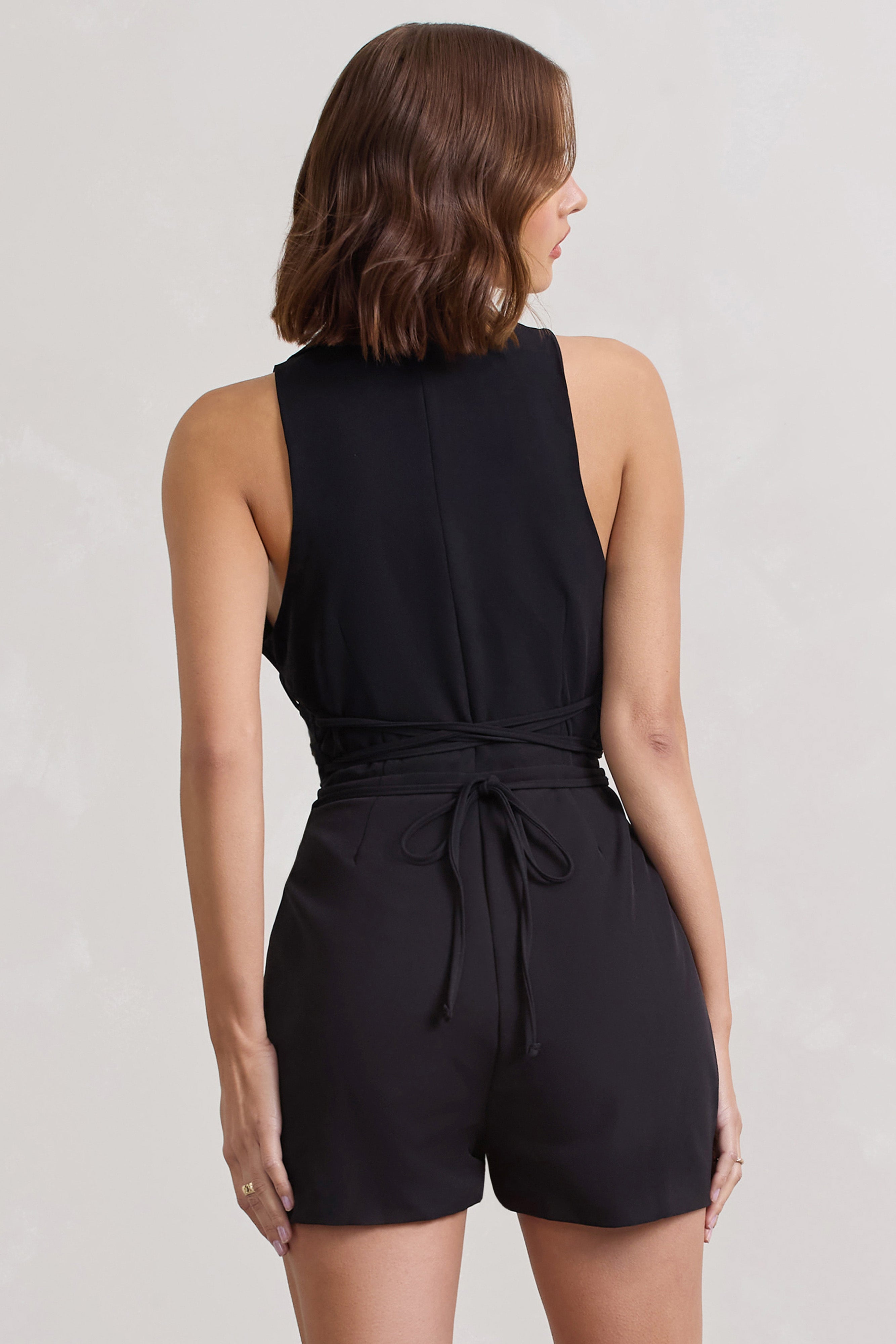 Game Of Chase Black Sleeveless Laced Blazer Playsuit-Fashionmomo.All Rights Reserved