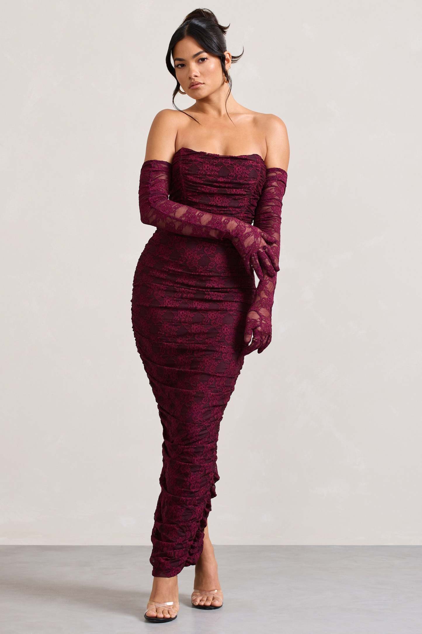 Prego Burgundy Lace Long Ruched Gloves-Fashionmomo.All Rights Reserved