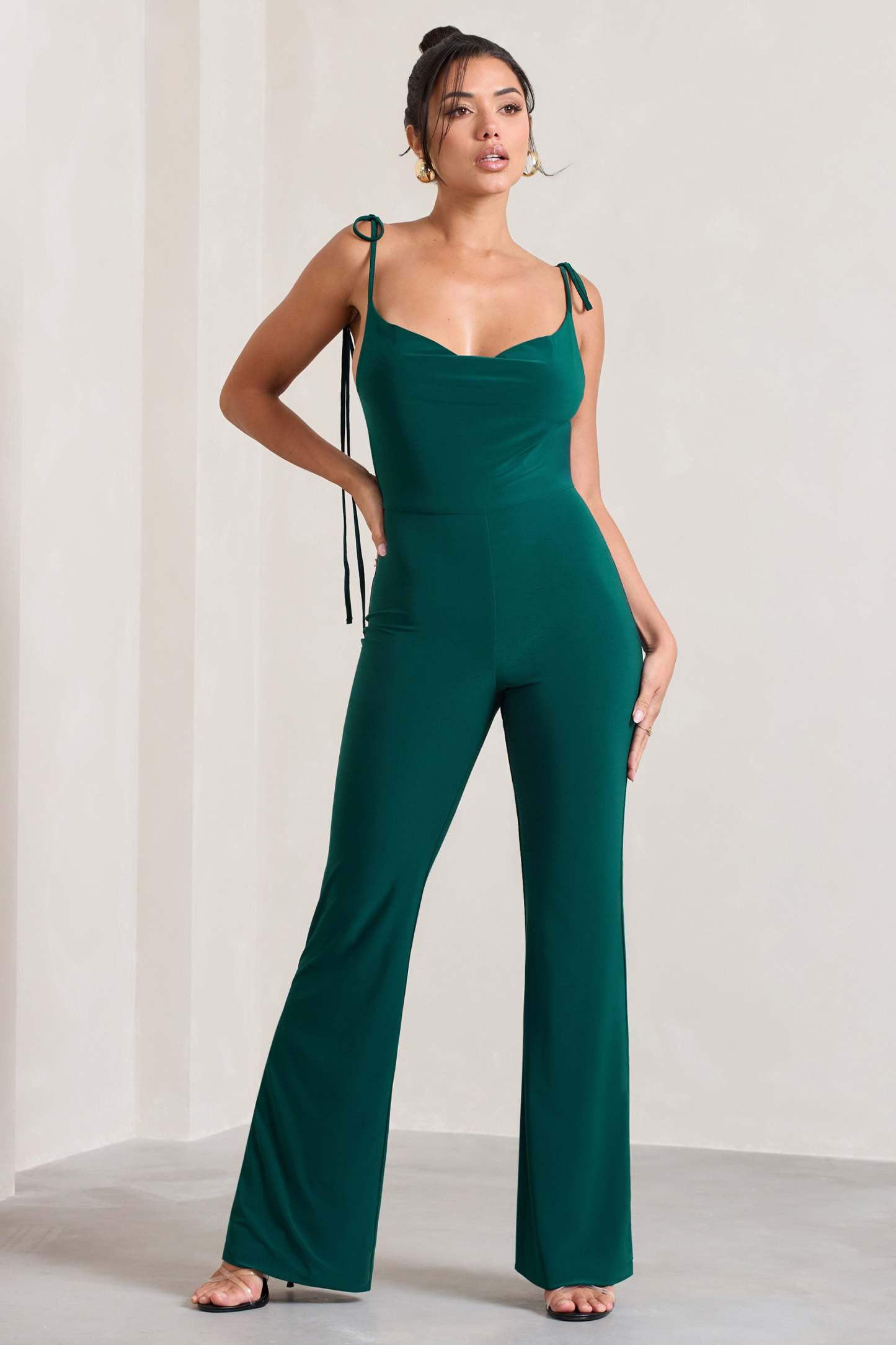 Pose Bottle Green Cowl-Neck Strappy flared-Leg Jumpsuit-Fashionmomo.All Rights Reserved
