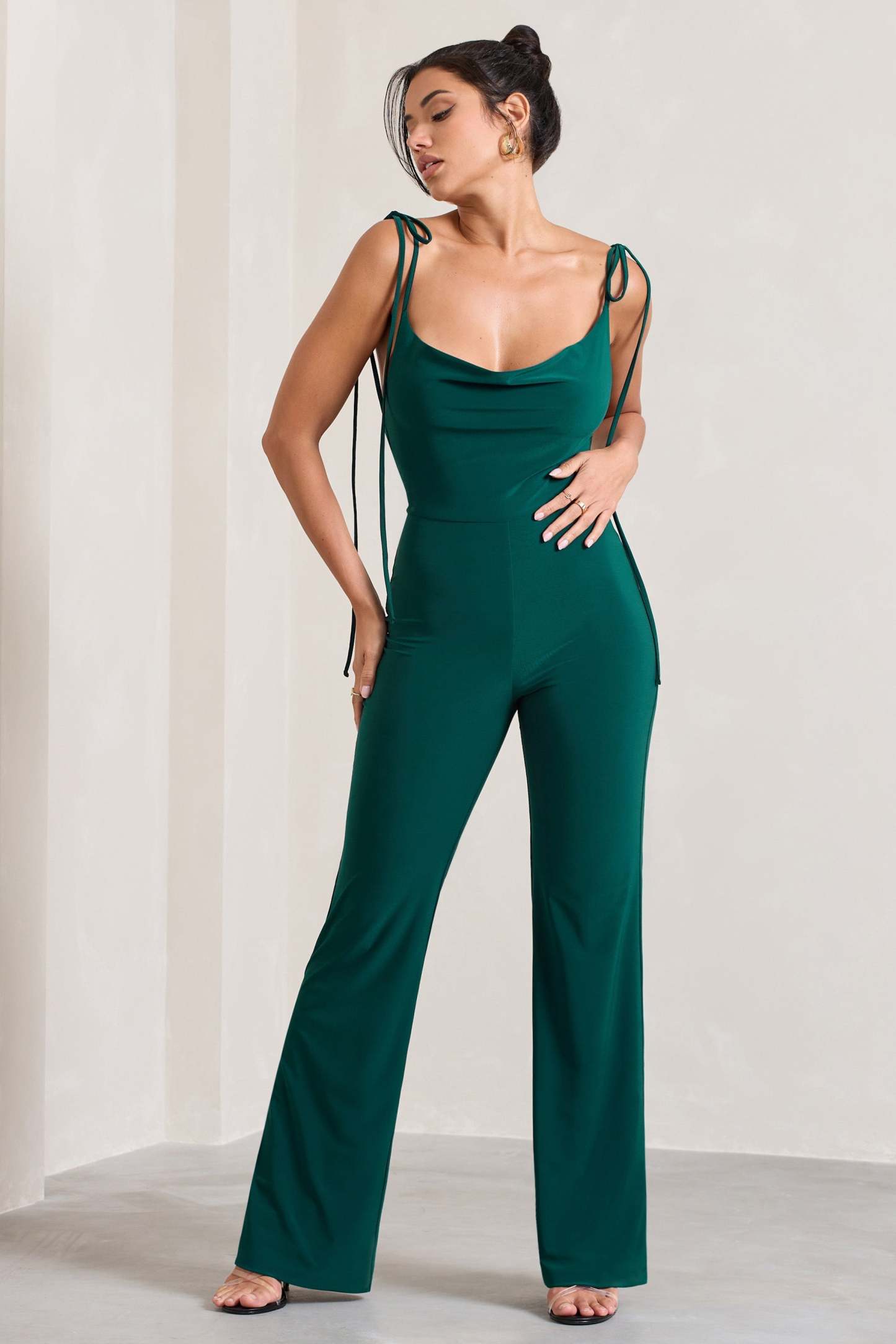 Pose Bottle Green Cowl-Neck Strappy flared-Leg Jumpsuit-Fashionmomo.All Rights Reserved