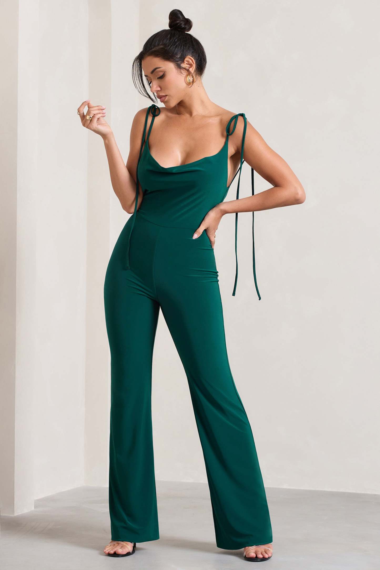 Pose Bottle Green Cowl-Neck Strappy flared-Leg Jumpsuit-Fashionmomo.All Rights Reserved
