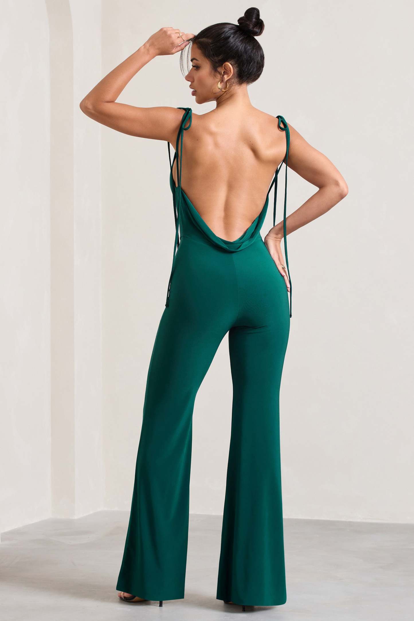 Pose Bottle Green Cowl-Neck Strappy flared-Leg Jumpsuit-Fashionmomo.All Rights Reserved