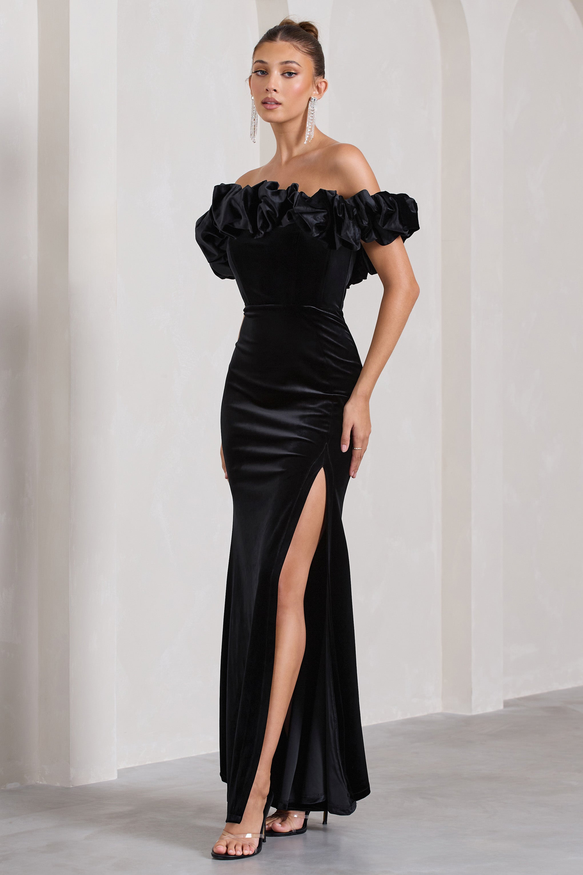 Esmeralda Black Velvet Structured Ruffled Bardot Maxi Dress-Fashionmomo.All Rights Reserved