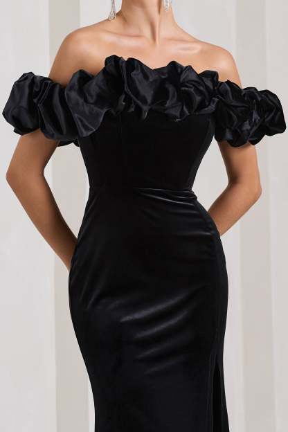 Esmeralda Black Velvet Structured Ruffled Bardot Maxi Dress-Fashionmomo.All Rights Reserved