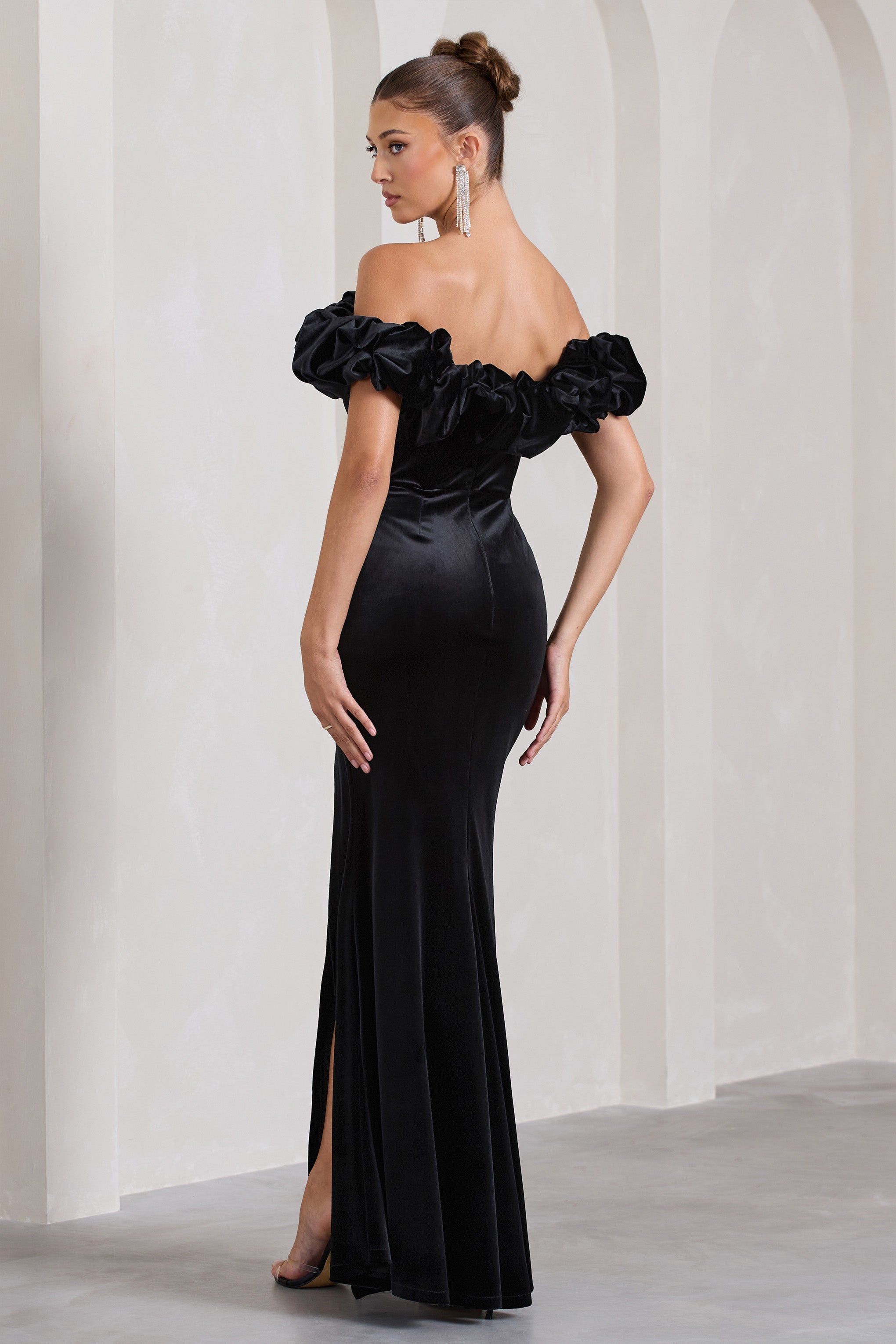 Esmeralda Black Velvet Structured Ruffled Bardot Maxi Dress-Fashionmomo.All Rights Reserved