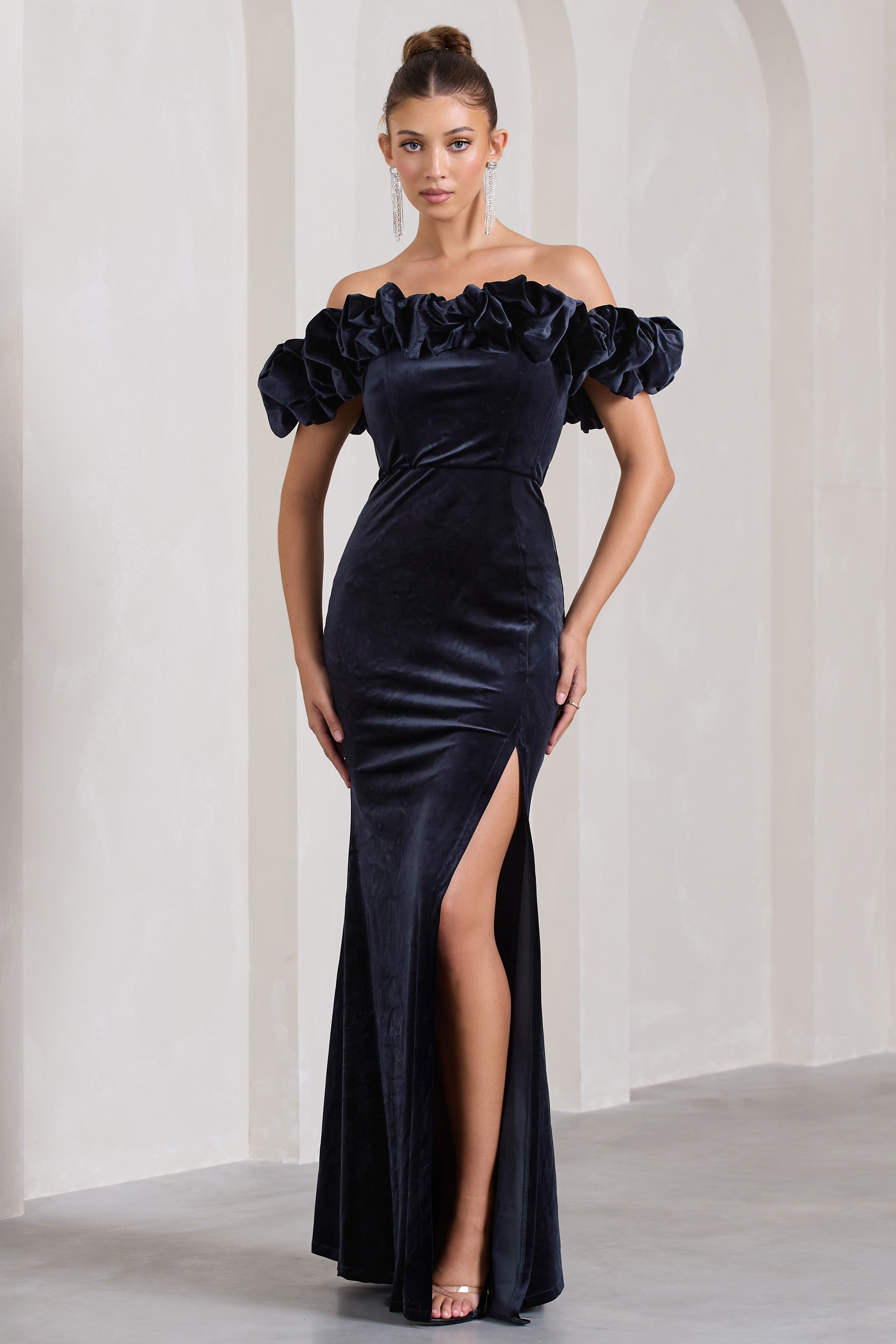 Esmeralda Navy Velvet Structured Ruffled Bardot Maxi Dress-Fashionmomo.All Rights Reserved