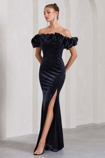 Esmeralda Navy Velvet Structured Ruffled Bardot Maxi Dress-Fashionmomo.All Rights Reserved