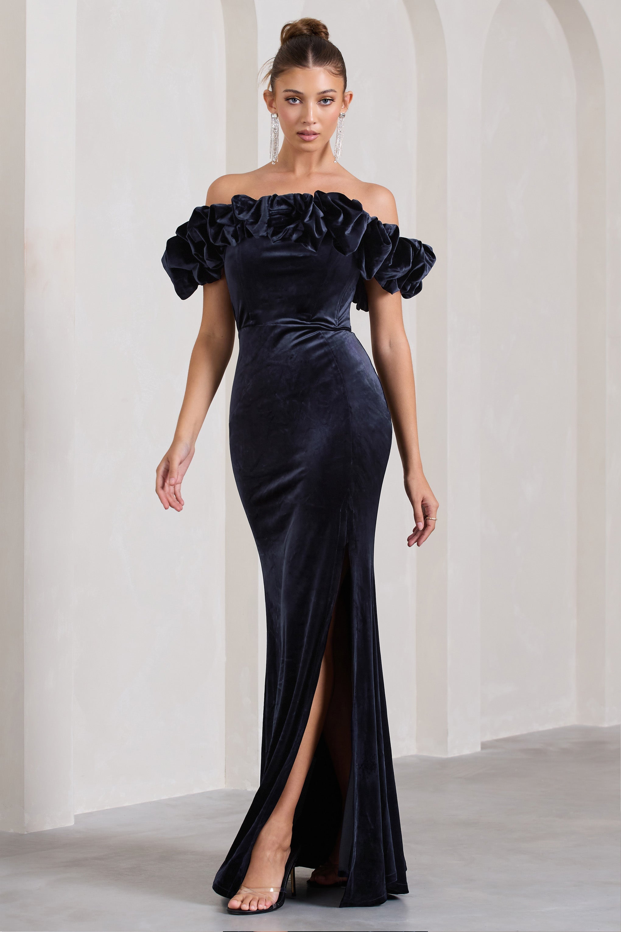 Esmeralda Navy Velvet Structured Ruffled Bardot Maxi Dress-Fashionmomo.All Rights Reserved