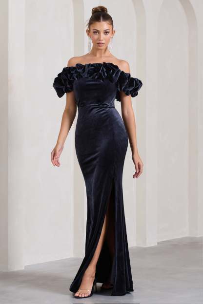 Esmeralda Navy Velvet Structured Ruffled Bardot Maxi Dress-Fashionmomo.All Rights Reserved
