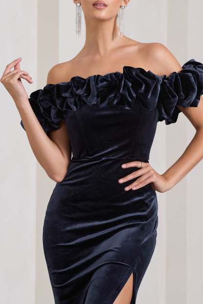 Esmeralda Navy Velvet Structured Ruffled Bardot Maxi Dress-Fashionmomo.All Rights Reserved