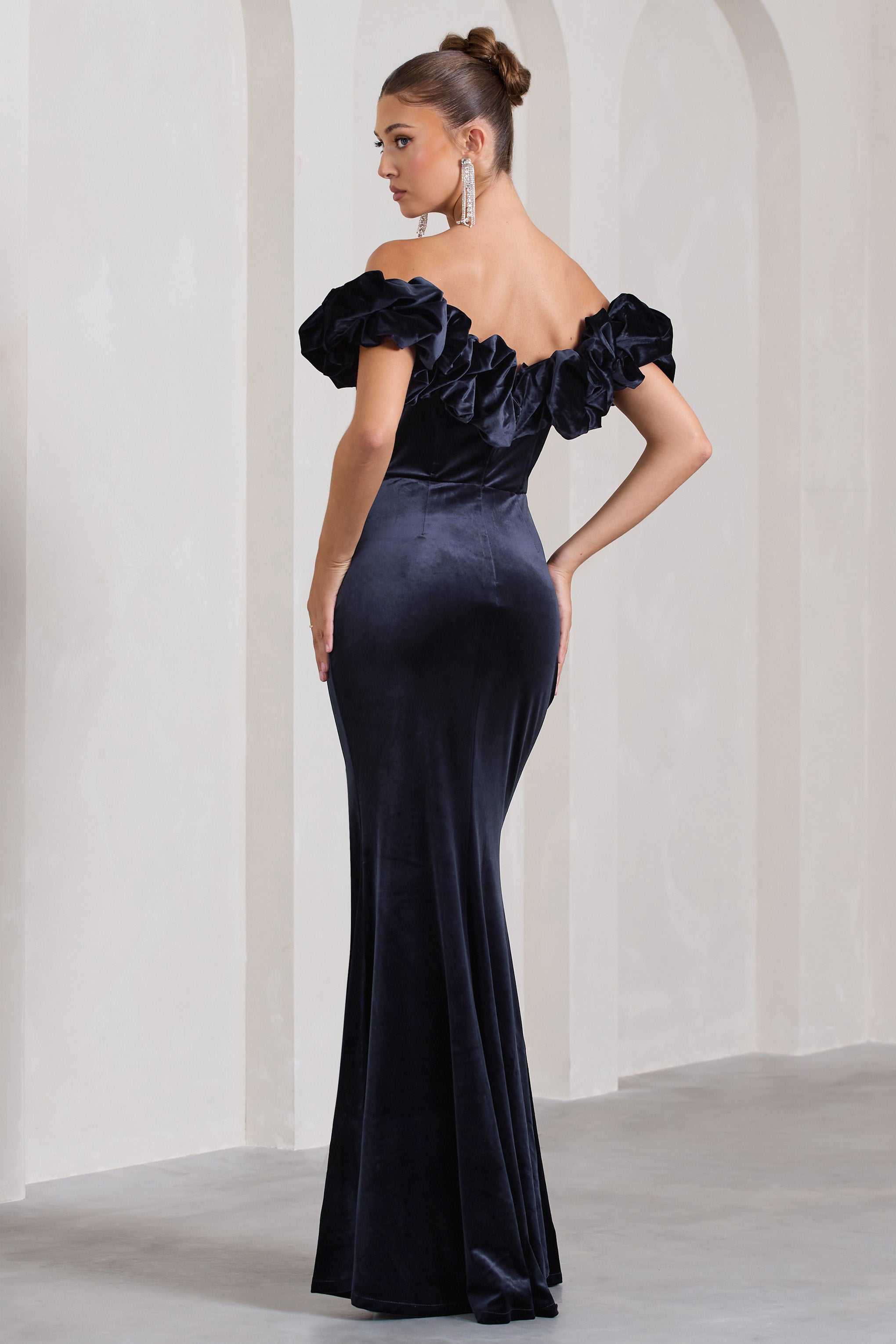 Esmeralda Navy Velvet Structured Ruffled Bardot Maxi Dress-Fashionmomo.All Rights Reserved