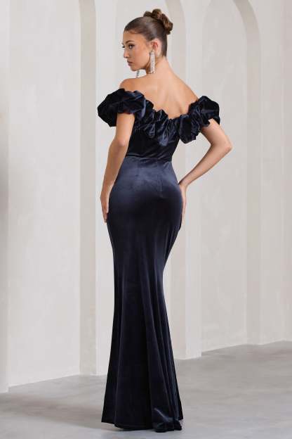 Esmeralda Navy Velvet Structured Ruffled Bardot Maxi Dress-Fashionmomo.All Rights Reserved