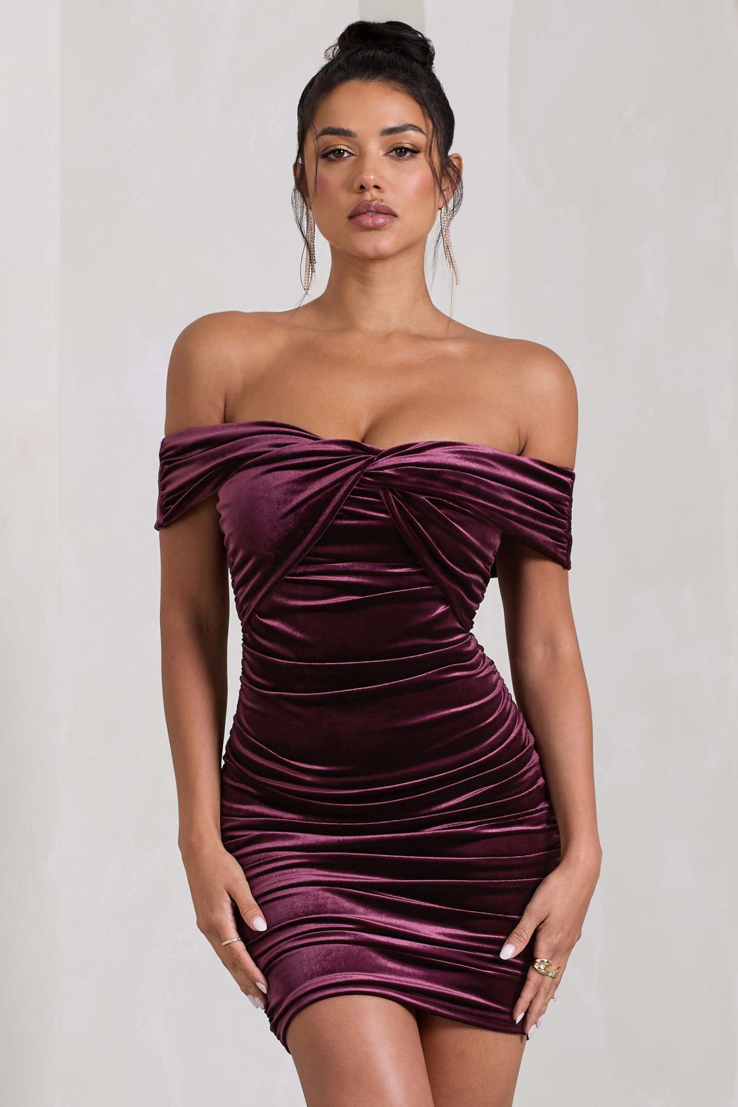 Appreciate Port Velvet Twisted Bardot Ruched Mini Dress-Fashionmomo.All Rights Reserved