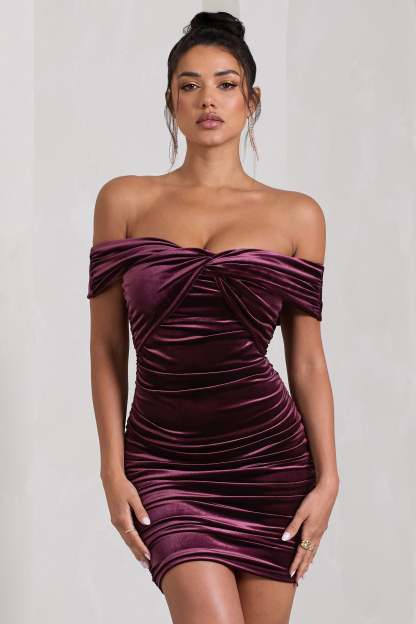 Appreciate Port Velvet Twisted Bardot Ruched Mini Dress-Fashionmomo.All Rights Reserved