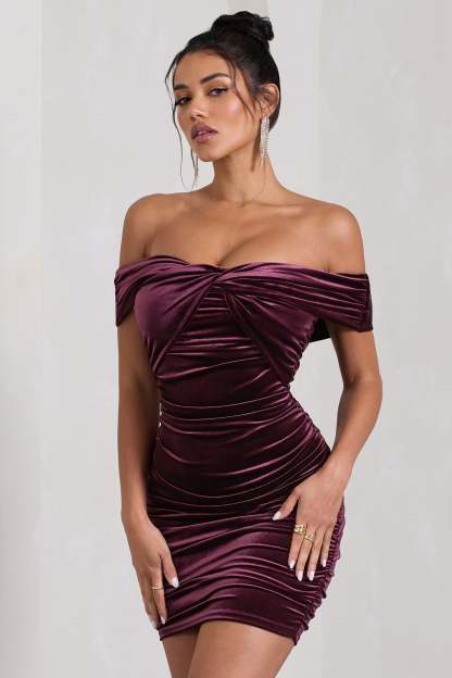 Appreciate Port Velvet Twisted Bardot Ruched Mini Dress-Fashionmomo.All Rights Reserved