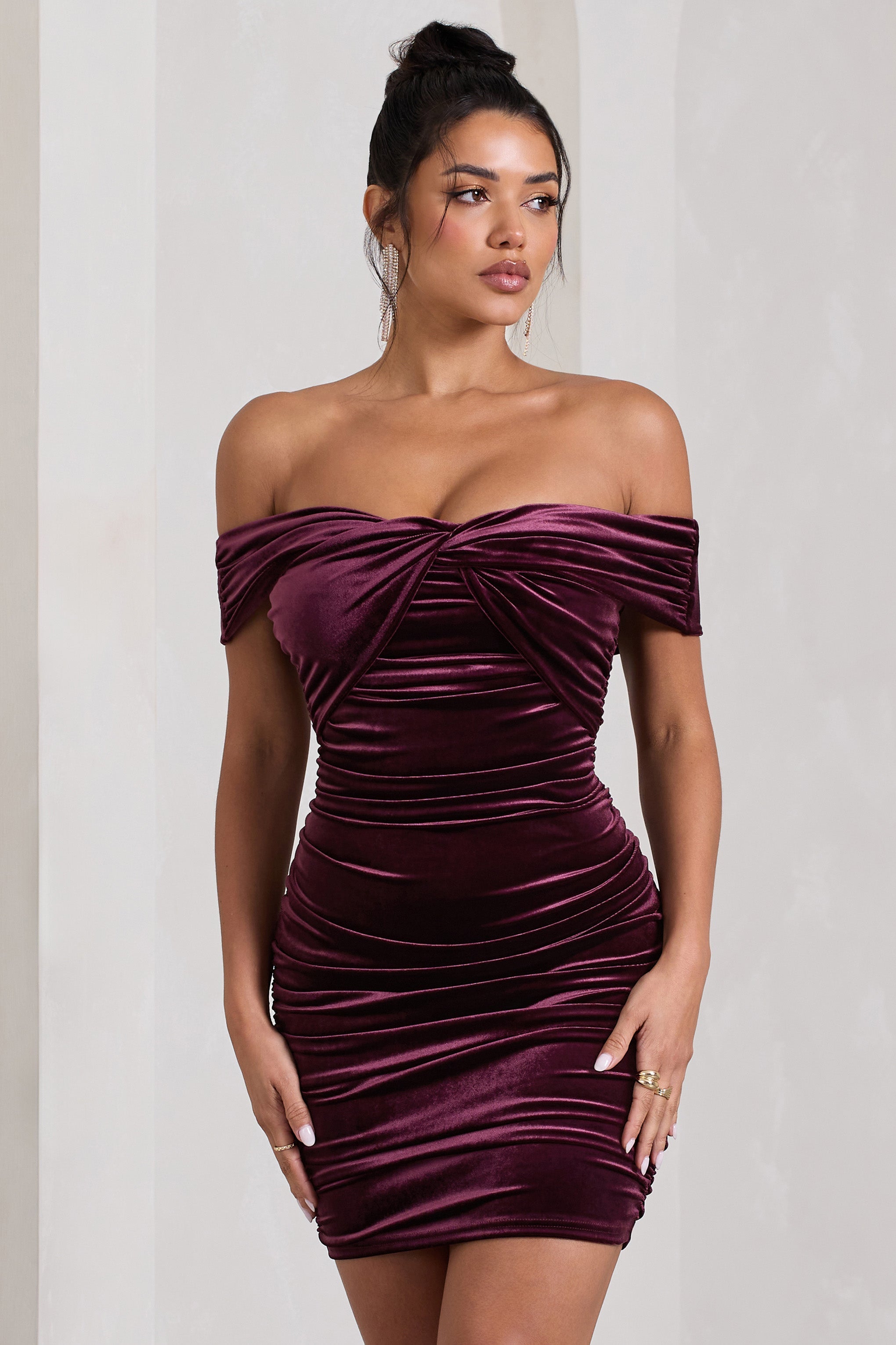 Appreciate Port Velvet Twisted Bardot Ruched Mini Dress-Fashionmomo.All Rights Reserved