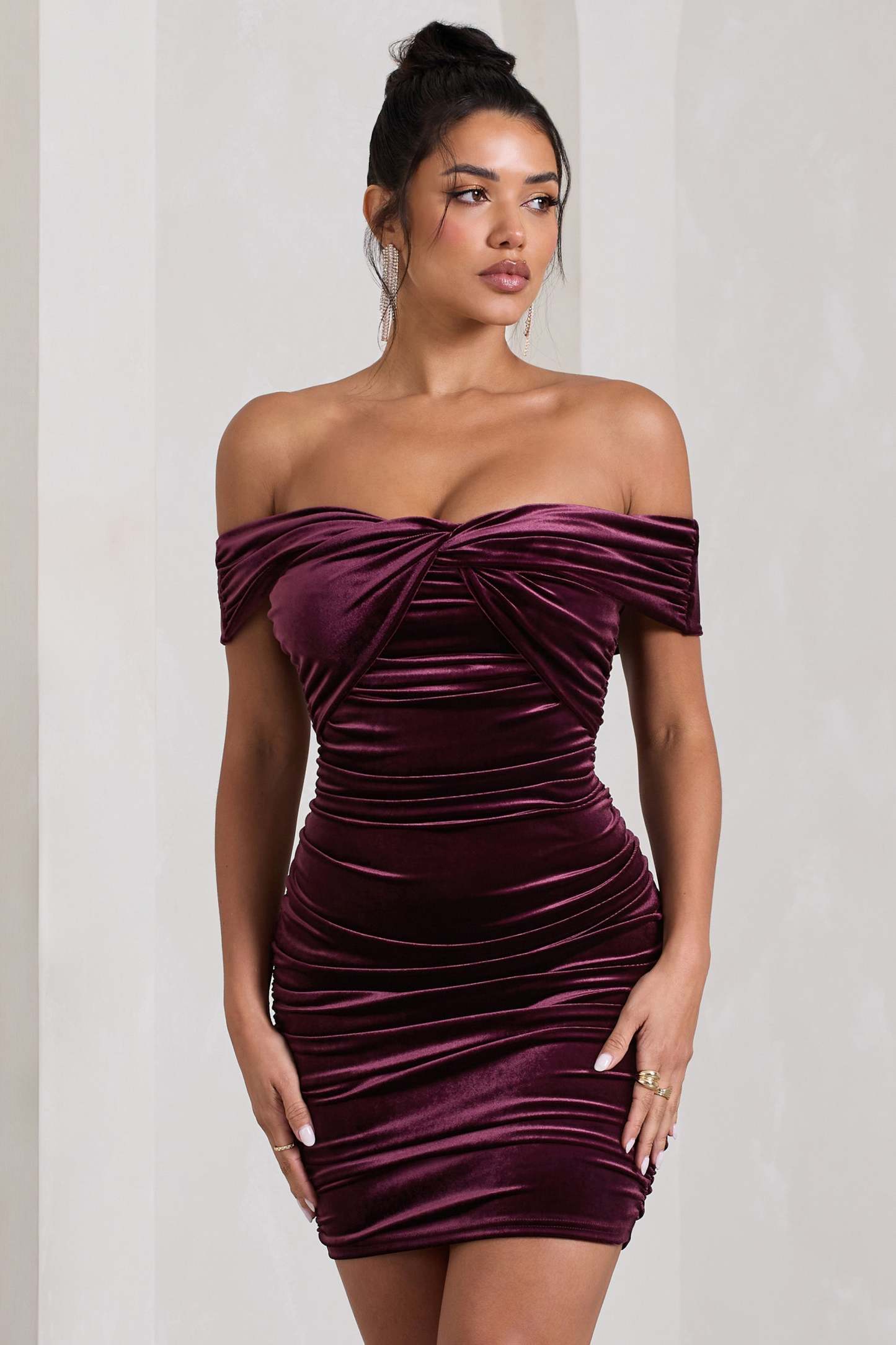 Appreciate Port Velvet Twisted Bardot Ruched Mini Dress-Fashionmomo.All Rights Reserved