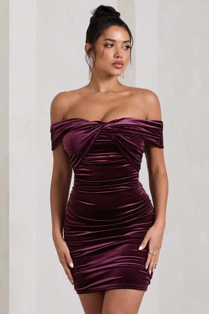 Appreciate Port Velvet Twisted Bardot Ruched Mini Dress-Fashionmomo.All Rights Reserved
