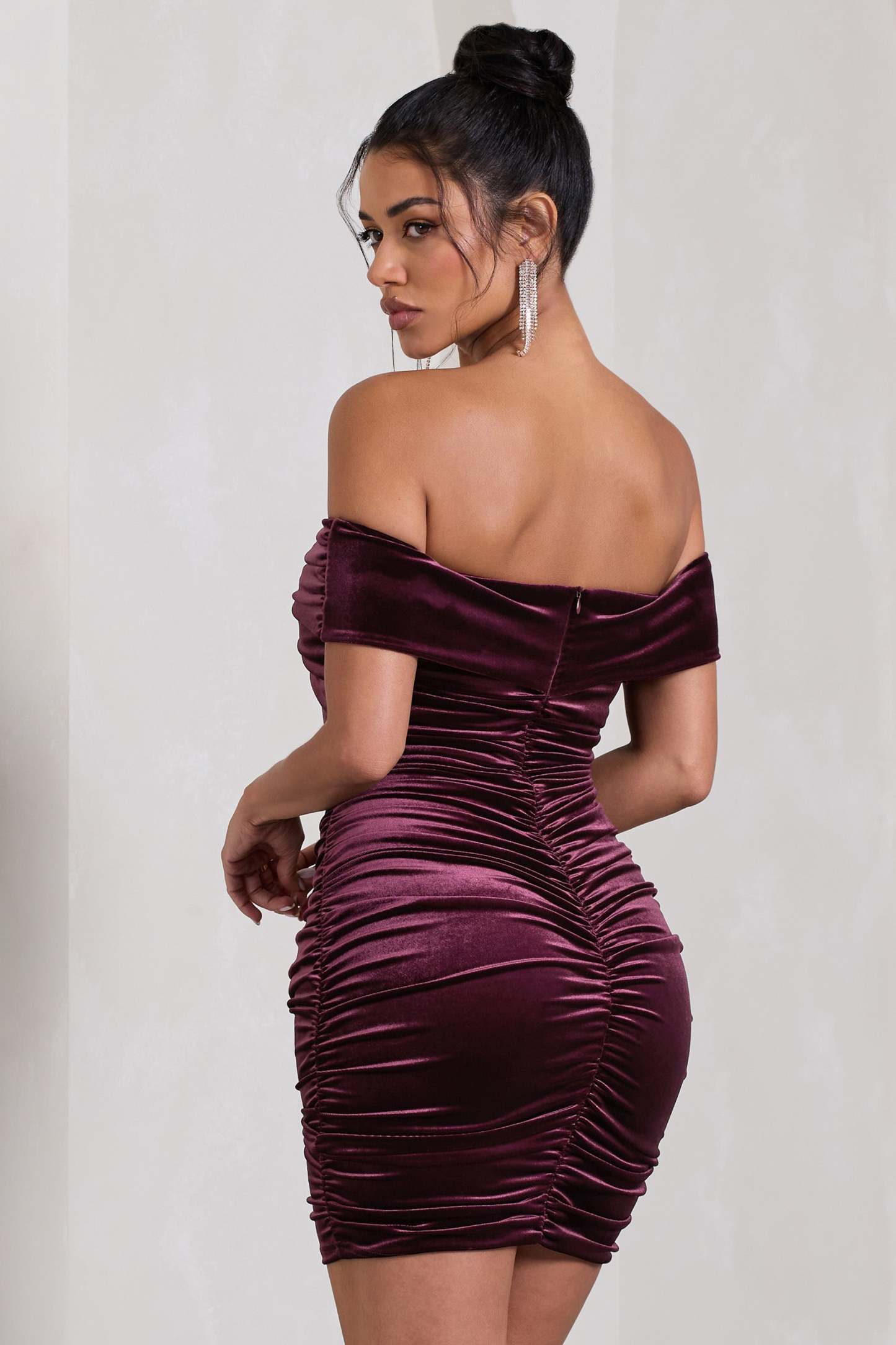 Appreciate Port Velvet Twisted Bardot Ruched Mini Dress-Fashionmomo.All Rights Reserved