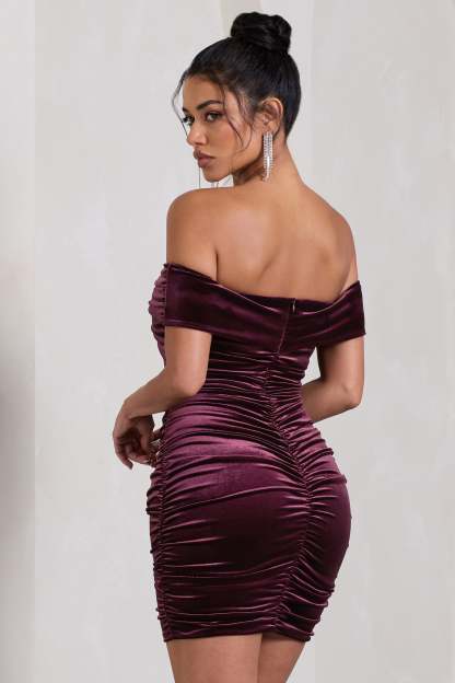 Appreciate Port Velvet Twisted Bardot Ruched Mini Dress-Fashionmomo.All Rights Reserved