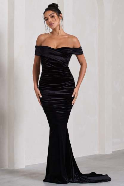 Apolline Black Velvet Off The Shoulder Ruched Fishtail Maxi Dress-Fashionmomo.All Rights Reserved