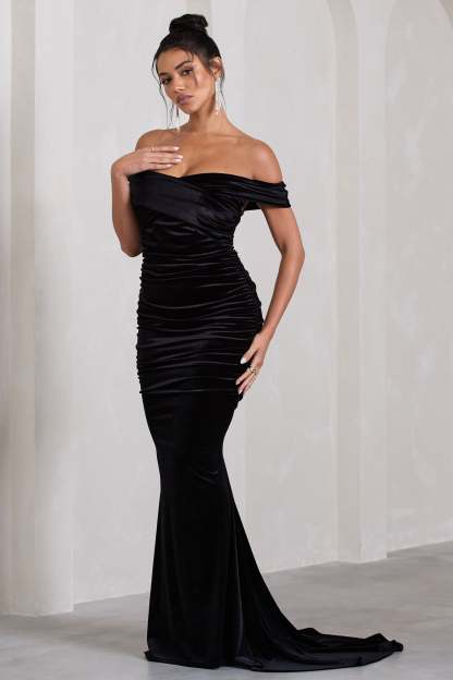 Apolline Black Velvet Off The Shoulder Ruched Fishtail Maxi Dress-Fashionmomo.All Rights Reserved