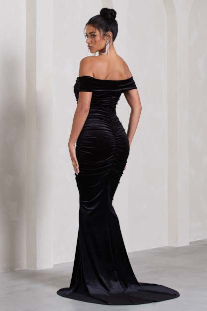 Apolline Black Velvet Off The Shoulder Ruched Fishtail Maxi Dress-Fashionmomo.All Rights Reserved