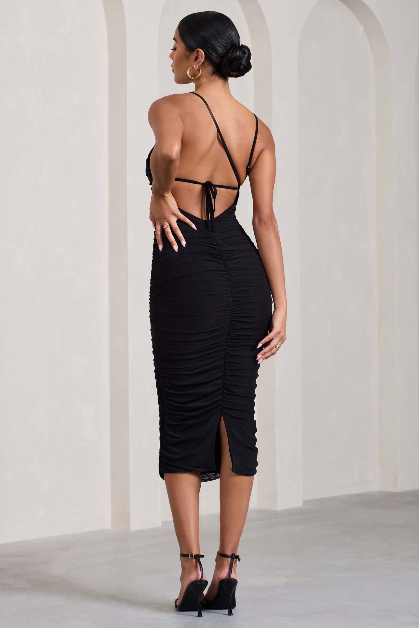 Bree Black Ruched Mesh Strappy Bodycon Midi Dress-Fashionmomo.All Rights Reserved