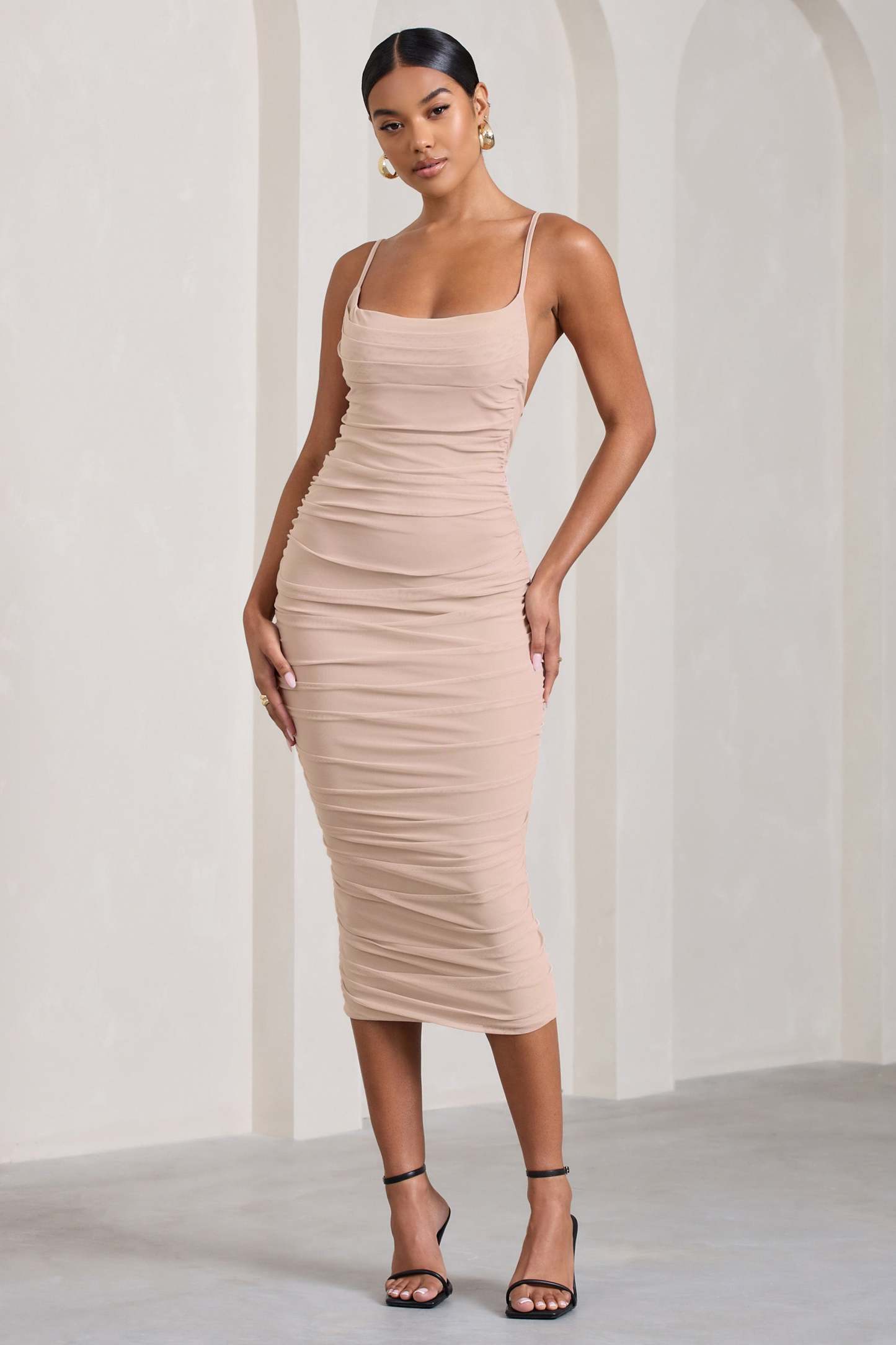 Bree Nude Ruched Mesh Strappy Bodycon Midi Dress-Fashionmomo.All Rights Reserved