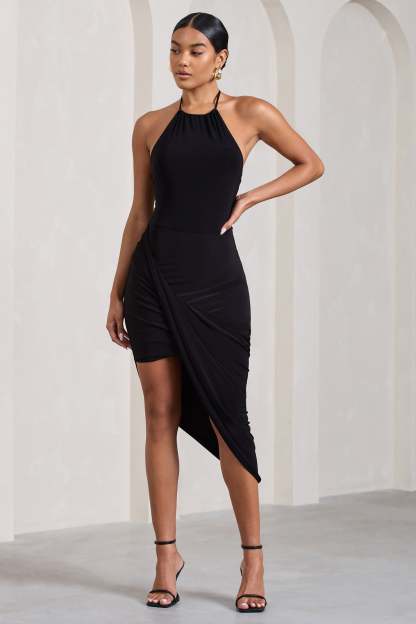 Power Sweep Black Gathered Halter-Neck Midi Dress-Fashionmomo.All Rights Reserved